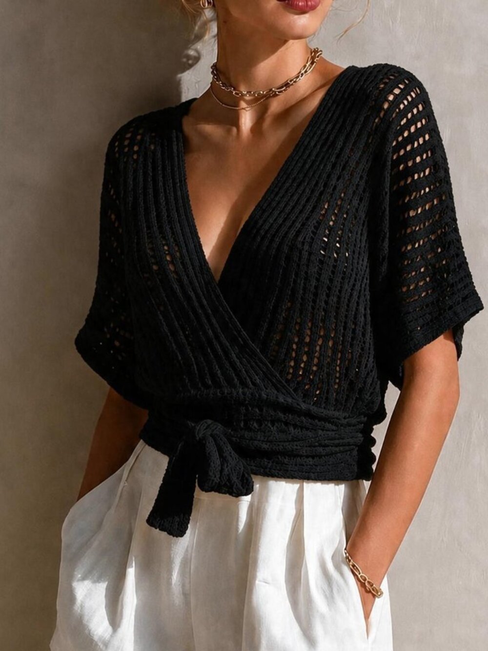 Black Sexy Women's Hollow Out Batwing Sleeve Belted Lightweight Cardigan - Picture 5 of 7